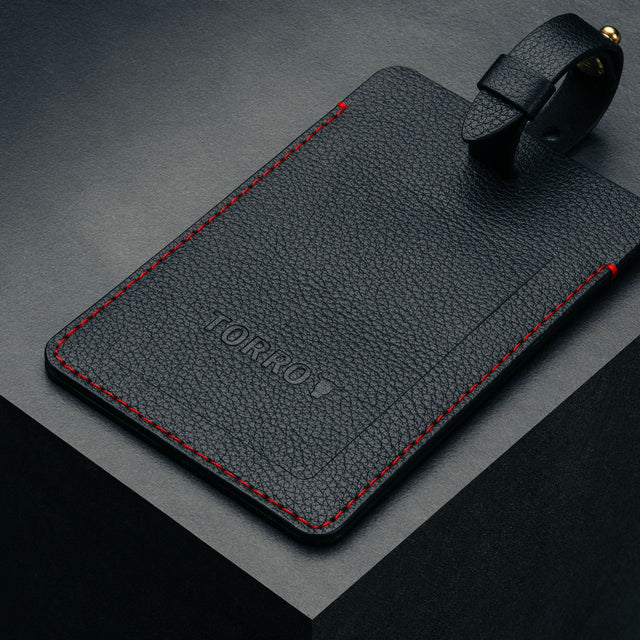 Black with Red Stitching Leather Luggage Tag
