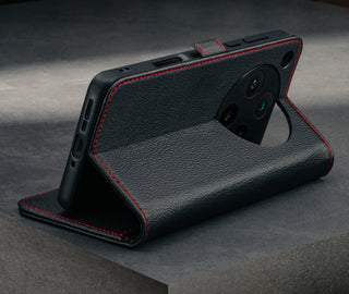 Stand function of the Black with Red Detail Leather Case for the Oppo Find X8 Pro
