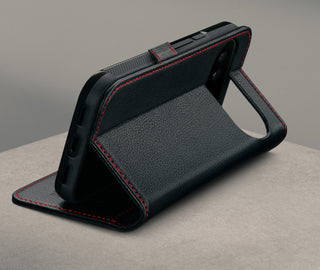 Stand function of the Black with Red Stitching Leather Case for the Google Pixel 11