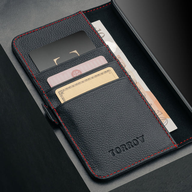 Card slots inside the Black with Red Detail Leather Case for Galaxy A17