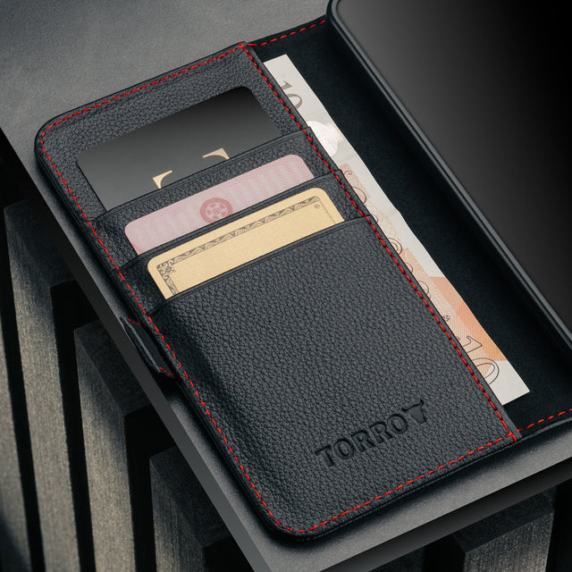 Card slots inside the Black with Red Detail Leather Case for Galaxy A57