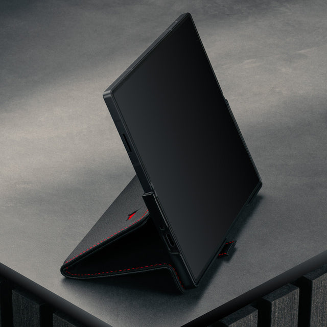 Integrated stand function of the Black with Red Detail Leather Case for Samsung Galaxy Z Fold7