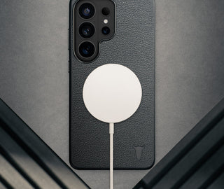 Wireless charger attached to the Black Leather Bumper Case for Galaxy S26 Ultra