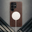 Wireless charger attached to the Dark Brown Leather Bumper Case for Galaxy S26 Ultra