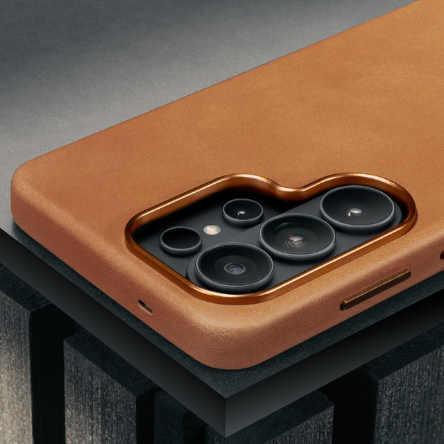 Camera cutout on the Tan Leather Bumper Case for Galaxy S26 Ultra
