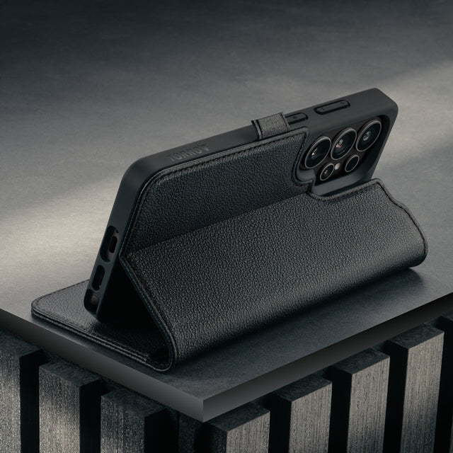 Stand function of the Black Leather Stand Case for Galaxy S26 Ultra