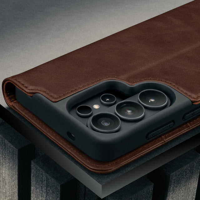 Camera cutout on the Dark Brown Leather Stand Case for Galaxy S26 Ultra