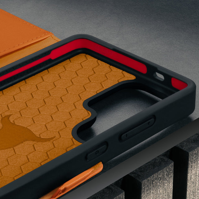 Geo-AS-3 protective layer inside the Orange Leather Stand Case for Galaxy S26 Ultra