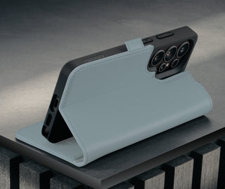 Stand function of the Light Blue Leather Stand Case for Galaxy S26 Ultra