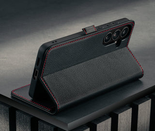 Stand feature of the Black with Red Detail Leather Stand Case for Galaxy S26+