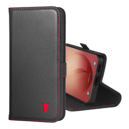 Black with Red Detail Leather Stand Case for Galaxy S26+