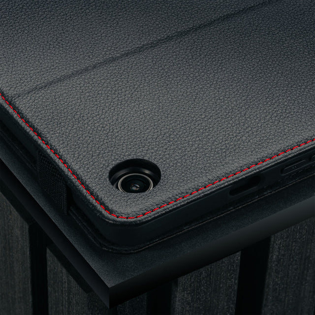 Camera cutout on the Black with Red Stitching Leather Case for Samsung Galaxy Tab A9 Plus