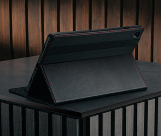 Stand function of the Black with Red Stitching Leather Case for Samsung Galaxy Tab A9 Plus