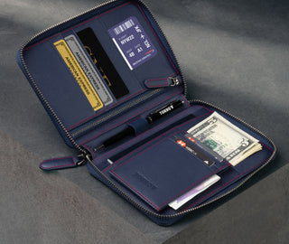 Inside of the Navy Blue Leather with Red Stitching Solo Travel Wallet