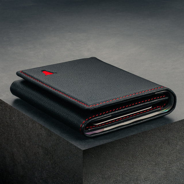 Slimline profile of the Black with Red Stitching Trifold Leather Wallet