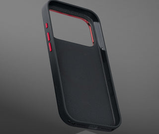 Metallic buttons and inside of the Black with Red Detail Woven Fabric Bumper Case for iPhone 17 Pro Max