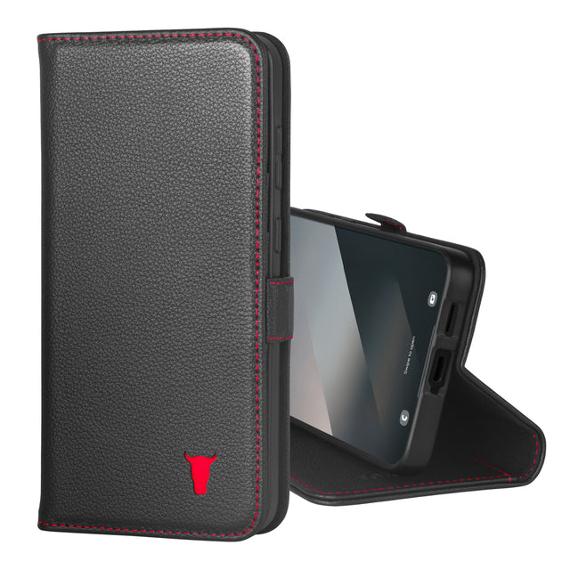 Étui portefeuille en cuir noir avec détails rouges TORRO